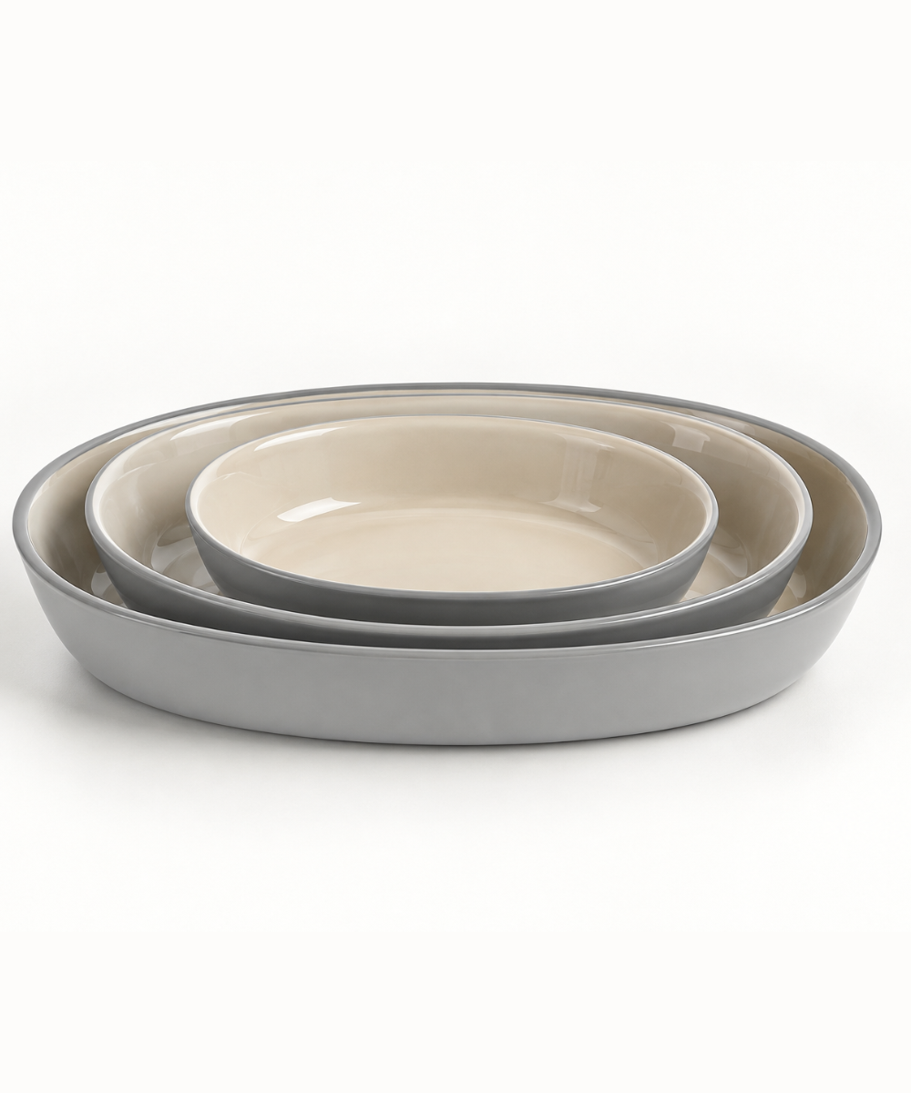 Auflaufform aus Glas Grau / Beige 3 Tlg Set Oval